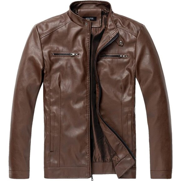 Men’sBrown WULFUL Stand Collar Faux Leather Motorcycle Lightweight Jacket